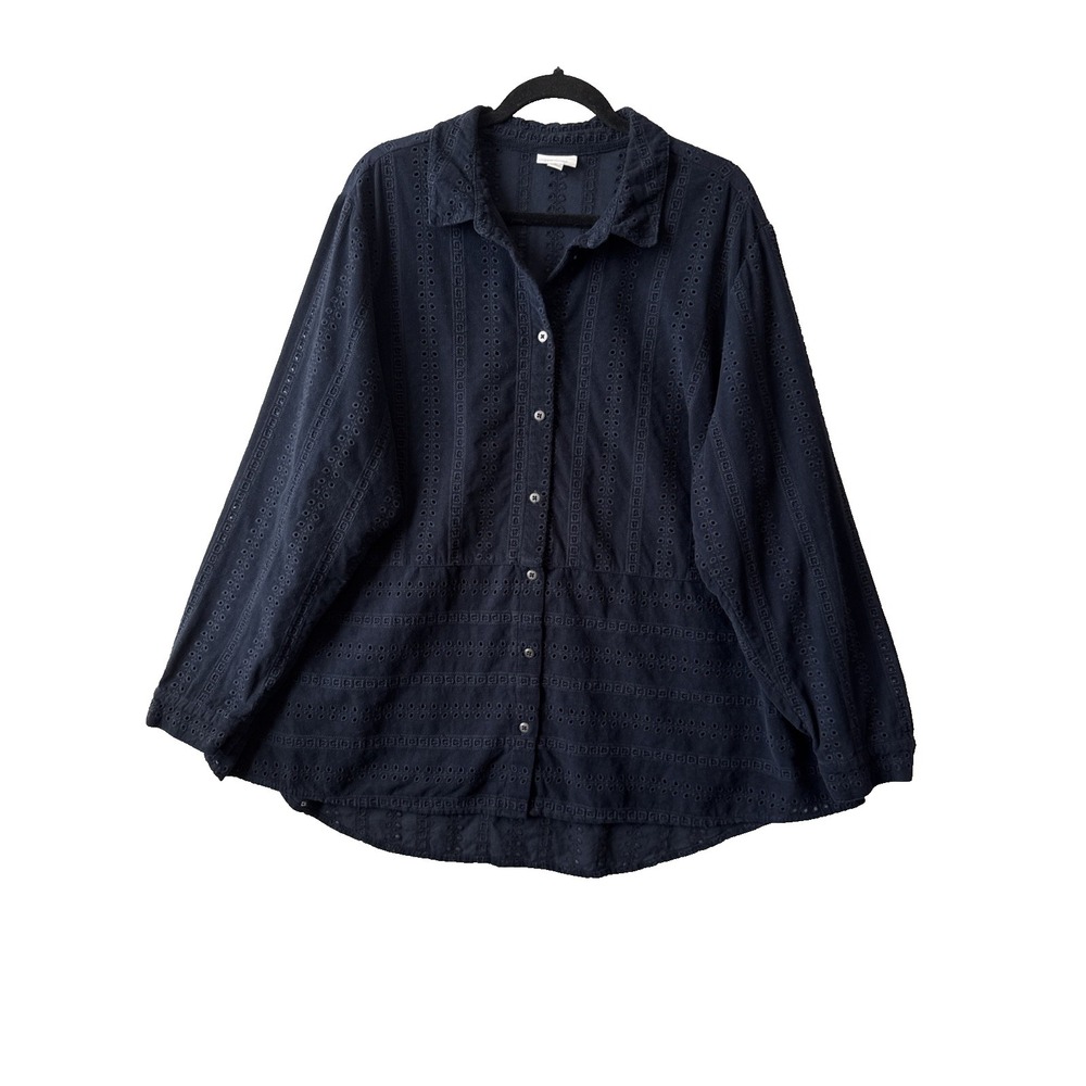 J.Jill Navy Blue Corduroy Eyelet Button Up Tunic Shirt 3X Boho Chic Cottagecore